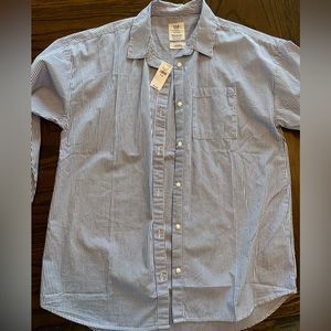 Blue and white striped button up dress shirt
